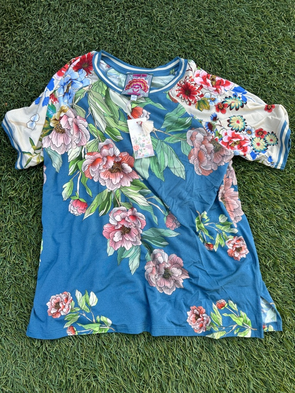 Johnny Was Blue Floral Short Sleeve Tee with Multi-Color Accents